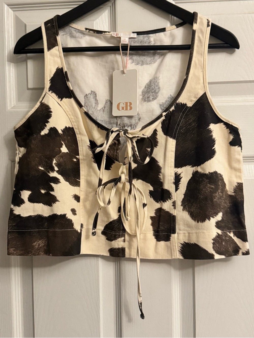 Gianni Bini Cream & Brown Cowprint LacCrop Top
